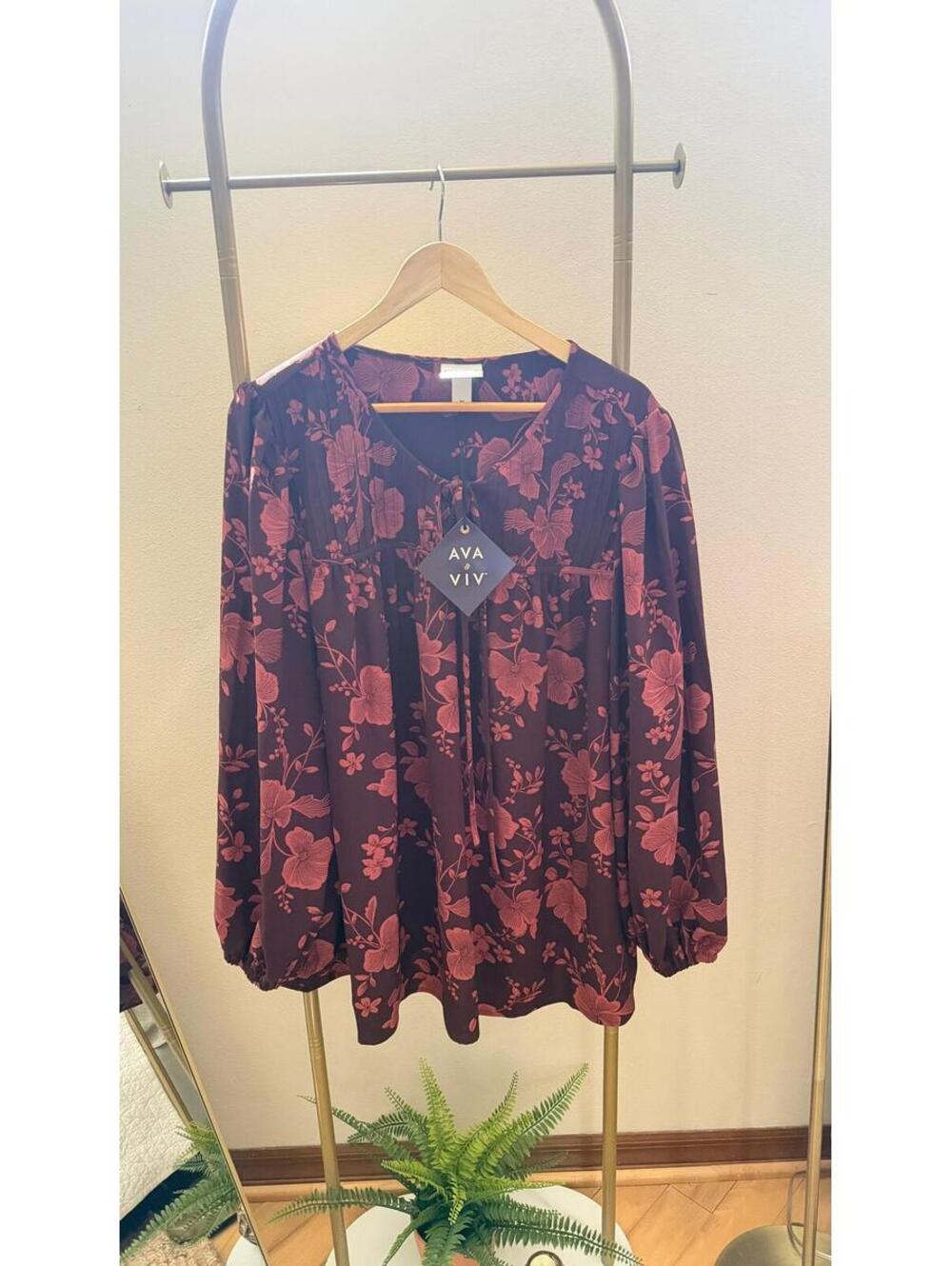 NWT 3 x Burgundy flower print Bishop Long Sleeve Tie-Front